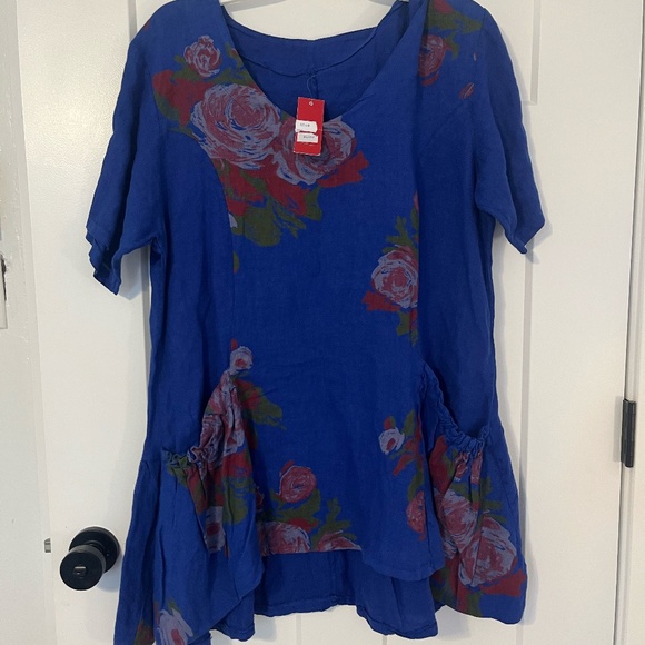 Carmella 100% Linen Tunic Made in Italy Pockets Blue Shirt Floral XXL NWT - Picture 1 of 11